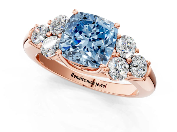 Rose gold Fancy Blue Cushion  Cut Diamond Cluster Ring with Round Accent Stones and Prong Setting on a Classic Band