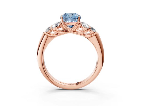 Rose gold Fancy Blue Cushion  Cut Diamond Cluster Ring with Round Accent Stones and Prong Setting on a Classic Band