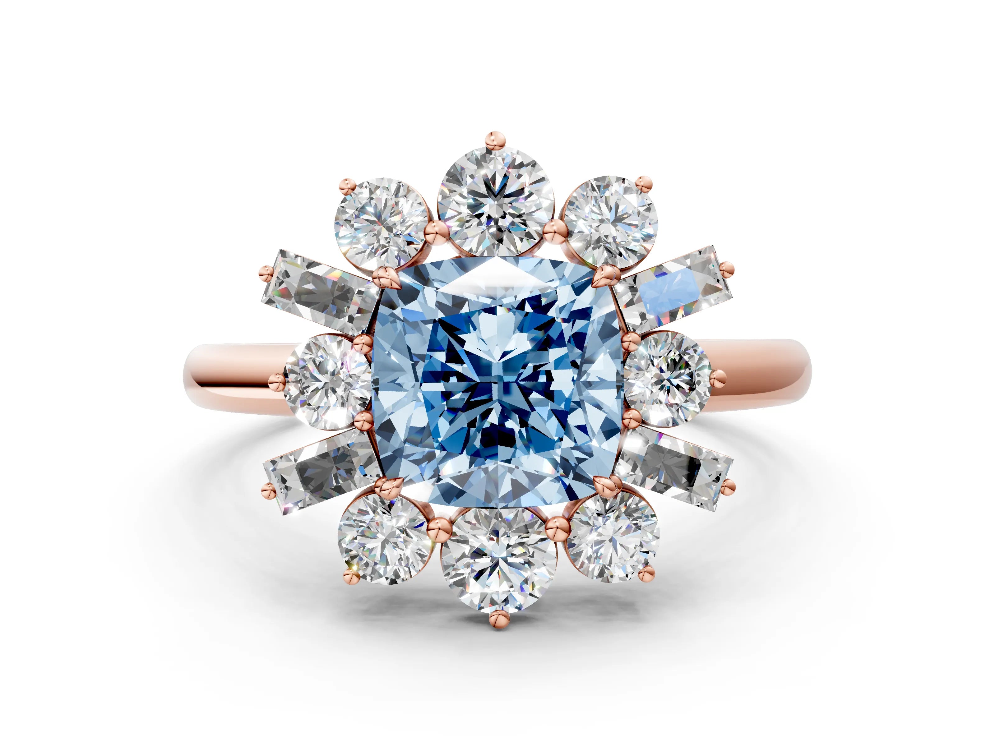 Rose gold Fancy Blue Cushion Cut Diamond Cluster Ring with Round and Baguette Stones, Split Shank Band, Prong Setting