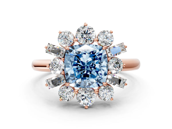 Rose gold Fancy Blue Cushion Cut Diamond Cluster Ring with Round and Baguette Stones, Split Shank Band, Prong Setting