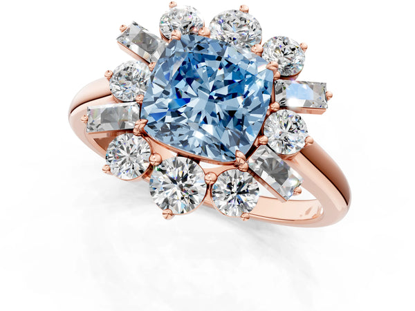 Rose gold Fancy Blue Cushion Cut Diamond Cluster Ring with Round and Baguette Stones, Split Shank Band, Prong Setting