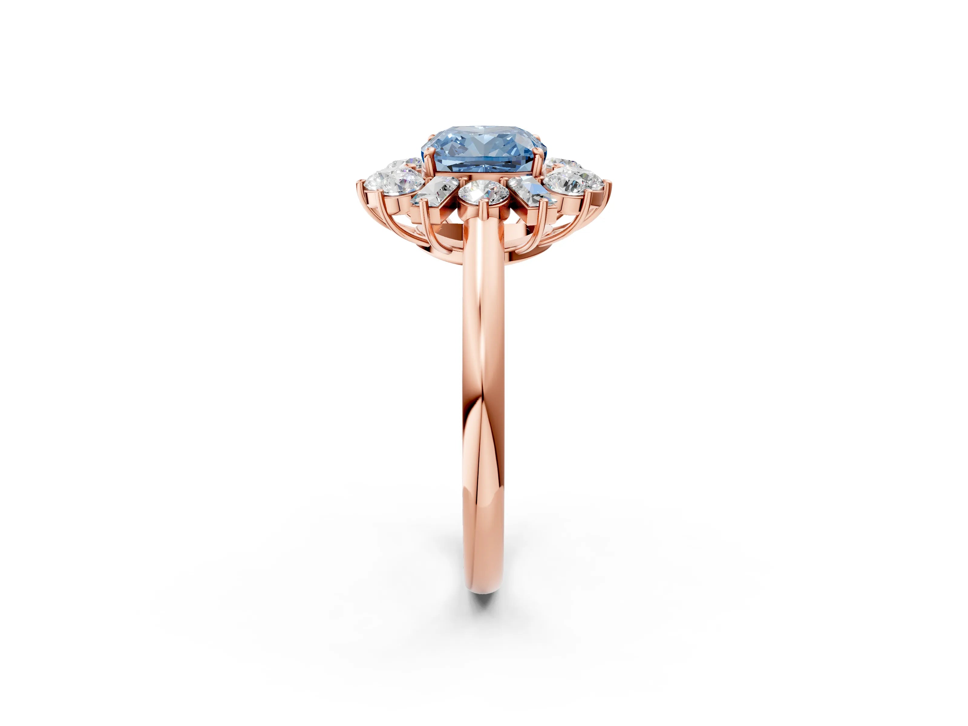 Rose gold Fancy Blue Cushion Cut Diamond Cluster Ring with Round and Baguette Stones, Split Shank Band, Prong Setting_2