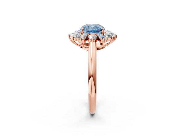 Rose gold Fancy Blue Cushion Cut Diamond Cluster Ring with Round and Baguette Stones, Split Shank Band, Prong Setting