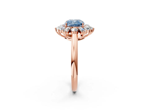 Rose gold Fancy Blue Cushion Cut Diamond Cluster Ring with Round and Baguette Stones, Split Shank Band, Prong Setting_2