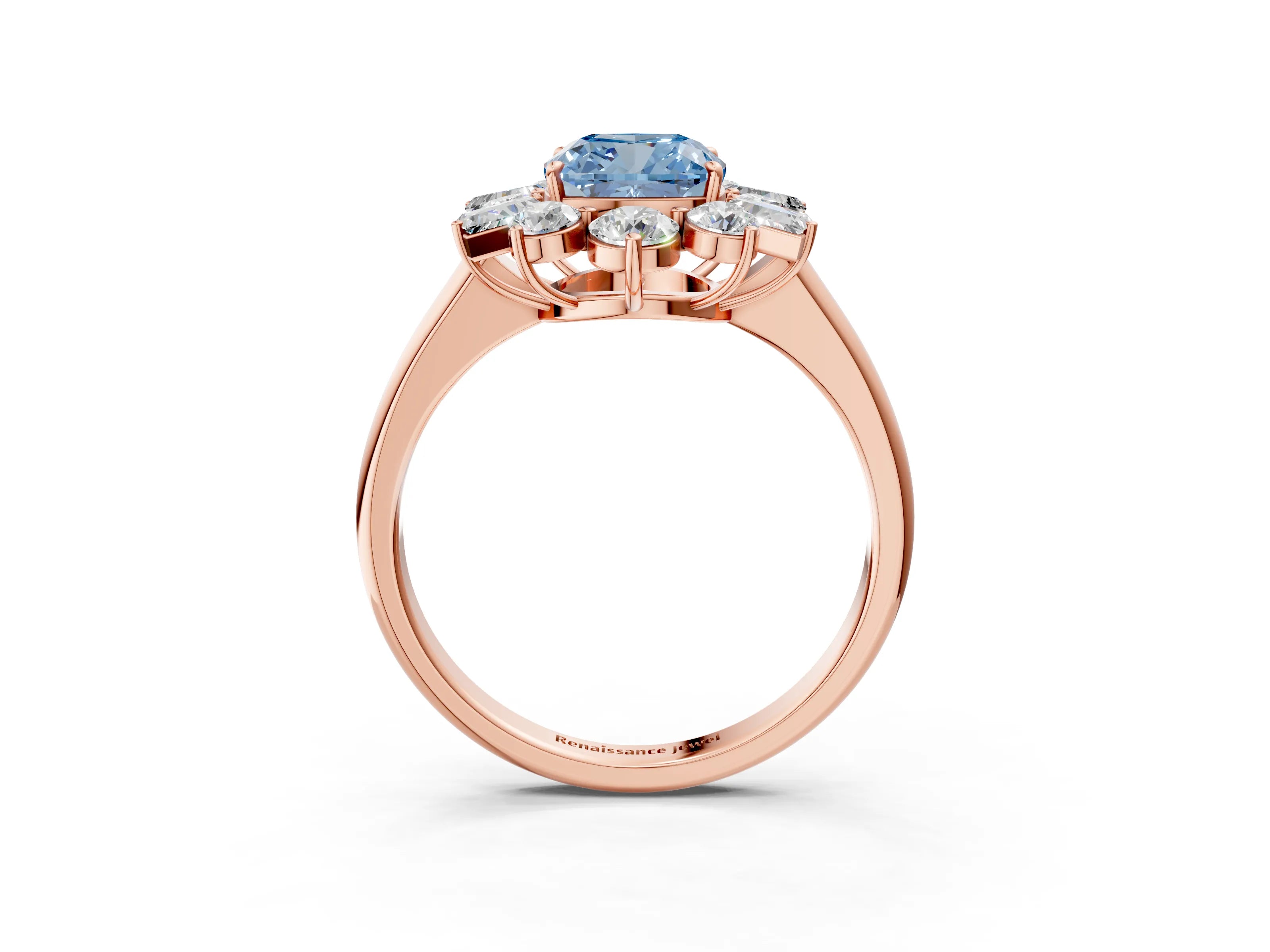Rose gold Fancy Blue Cushion Cut Diamond Cluster Ring with Round and Baguette Stones, Split Shank Band, Prong Setting_3