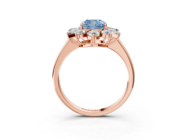 Rose gold Fancy Blue Cushion Cut Diamond Cluster Ring with Round and Baguette Stones, Split Shank Band, Prong Setting