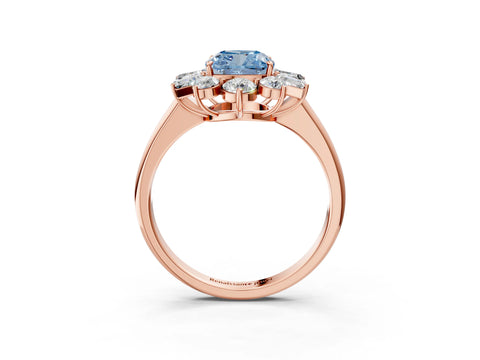 Rose gold Fancy Blue Cushion Cut Diamond Cluster Ring with Round and Baguette Stones, Split Shank Band, Prong Setting_3