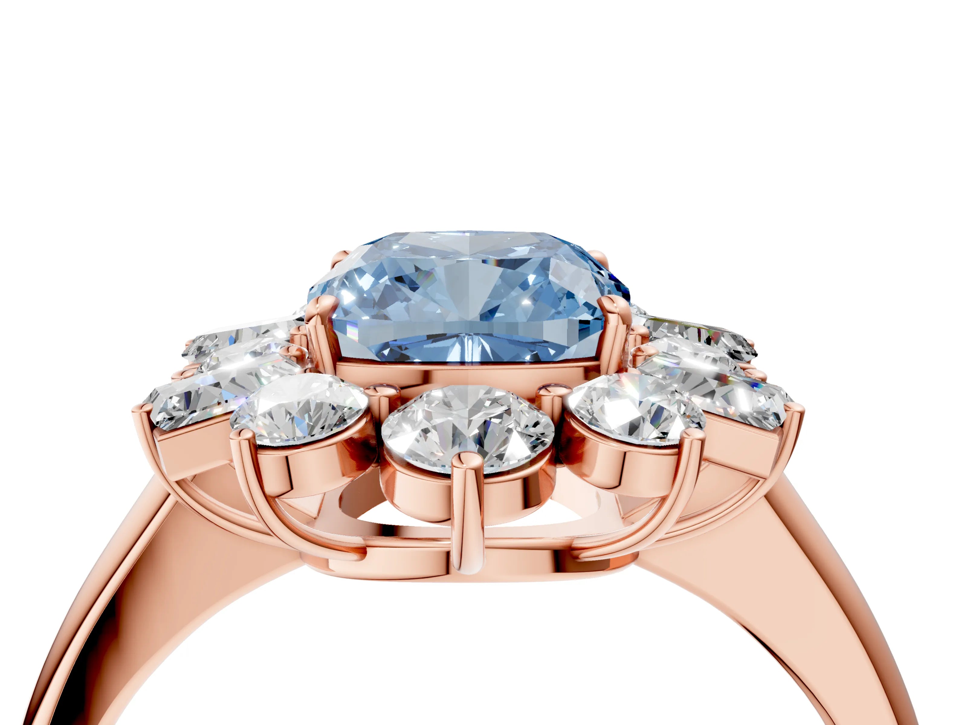 Rose gold Fancy Blue Cushion Cut Diamond Cluster Ring with Round and Baguette Stones, Split Shank Band, Prong Setting_4