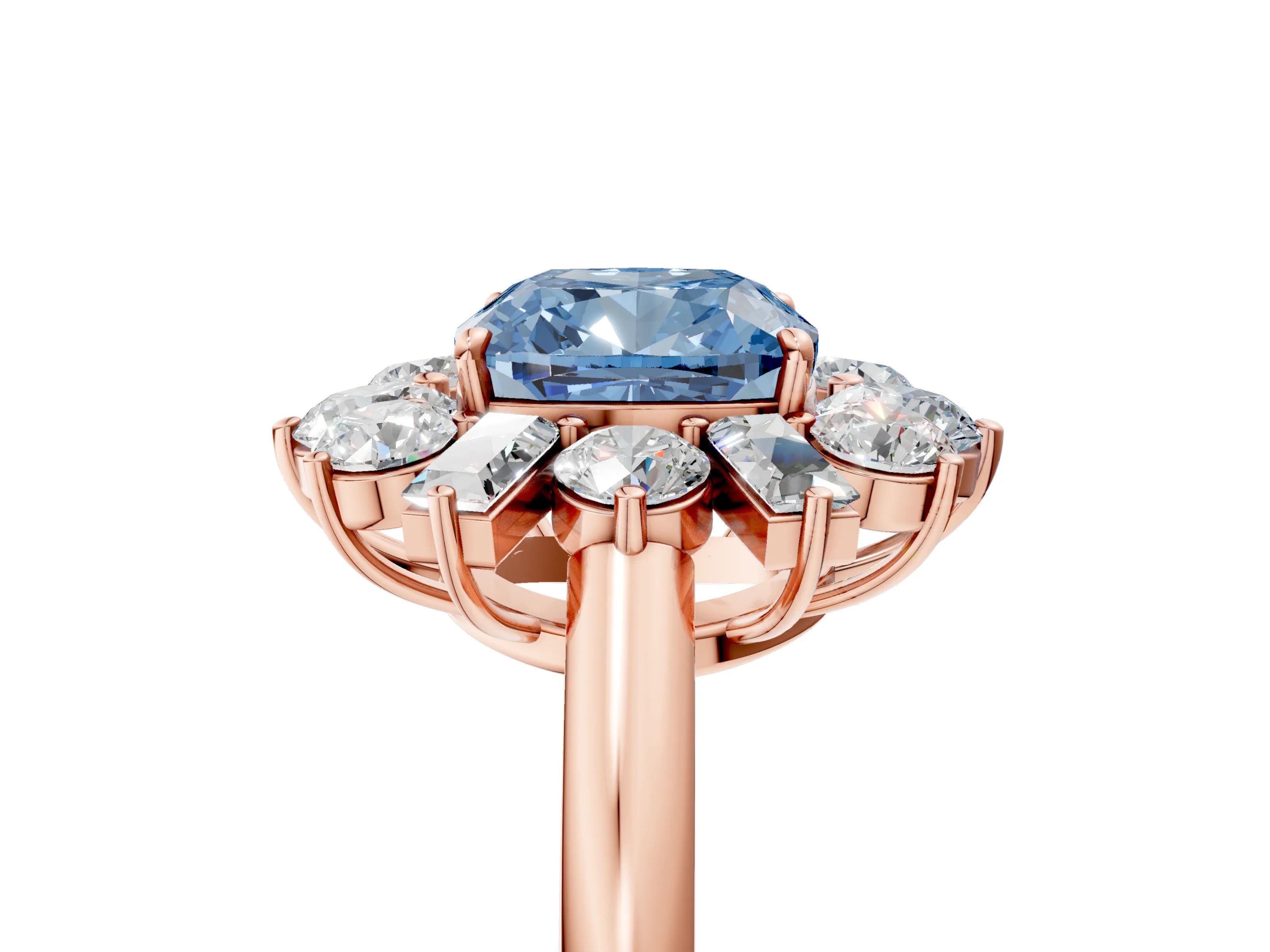 Rose gold Fancy Blue Cushion Cut Diamond Cluster Ring with Round and Baguette Stones, Split Shank Band, Prong Setting_5