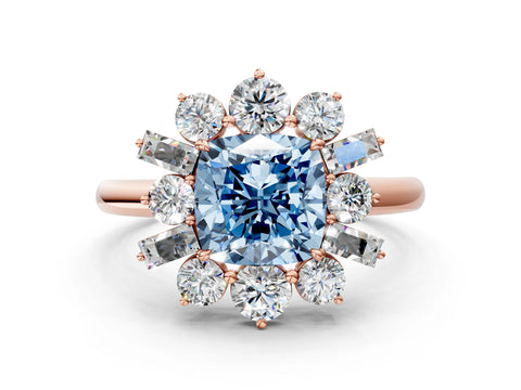 Rose gold Fancy Blue Cushion Cut Diamond Cluster Ring with Round and Baguette Stones, Split Shank Band, Prong Setting