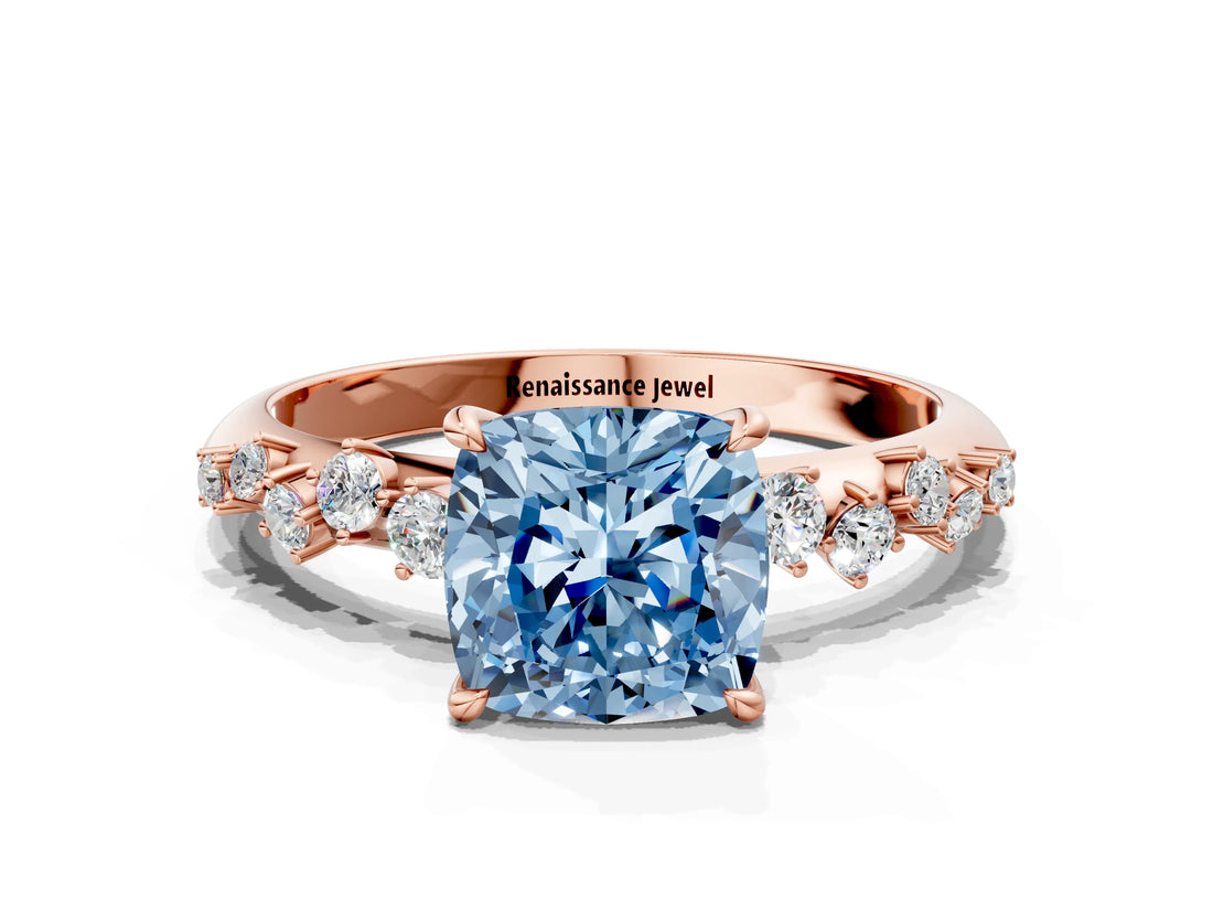 Rose gold Fancy Blue Cushion Cut Diamond Cluster Side Stone Solitaire Ring with Prong Setting_67