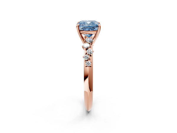 Rose gold Fancy Blue Cushion Cut Diamond Cluster Side Stone Solitaire Ring with Prong Setting