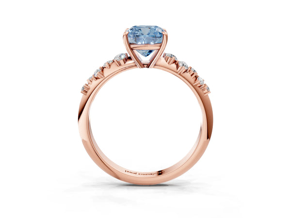 Rose gold Fancy Blue Cushion Cut Diamond Cluster Side Stone Solitaire Ring with Prong Setting