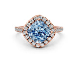 Rose gold Fancy Blue Cushion Cut Diamond Cushion Halo Ring with Pavé Band