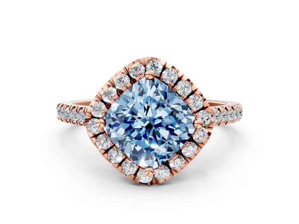 Rose gold Fancy Blue Cushion Cut Diamond Cushion Halo Ring with Pavé Band
