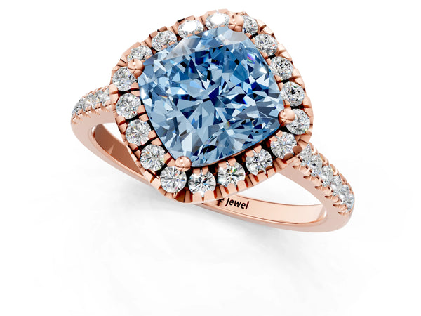 Rose gold Fancy Blue Cushion Cut Diamond Cushion Halo Ring with Pavé Band