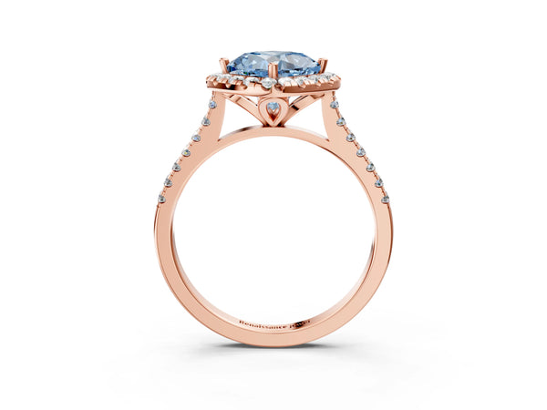 Rose gold Fancy Blue Cushion Cut Diamond Cushion Halo Ring with Pavé Band