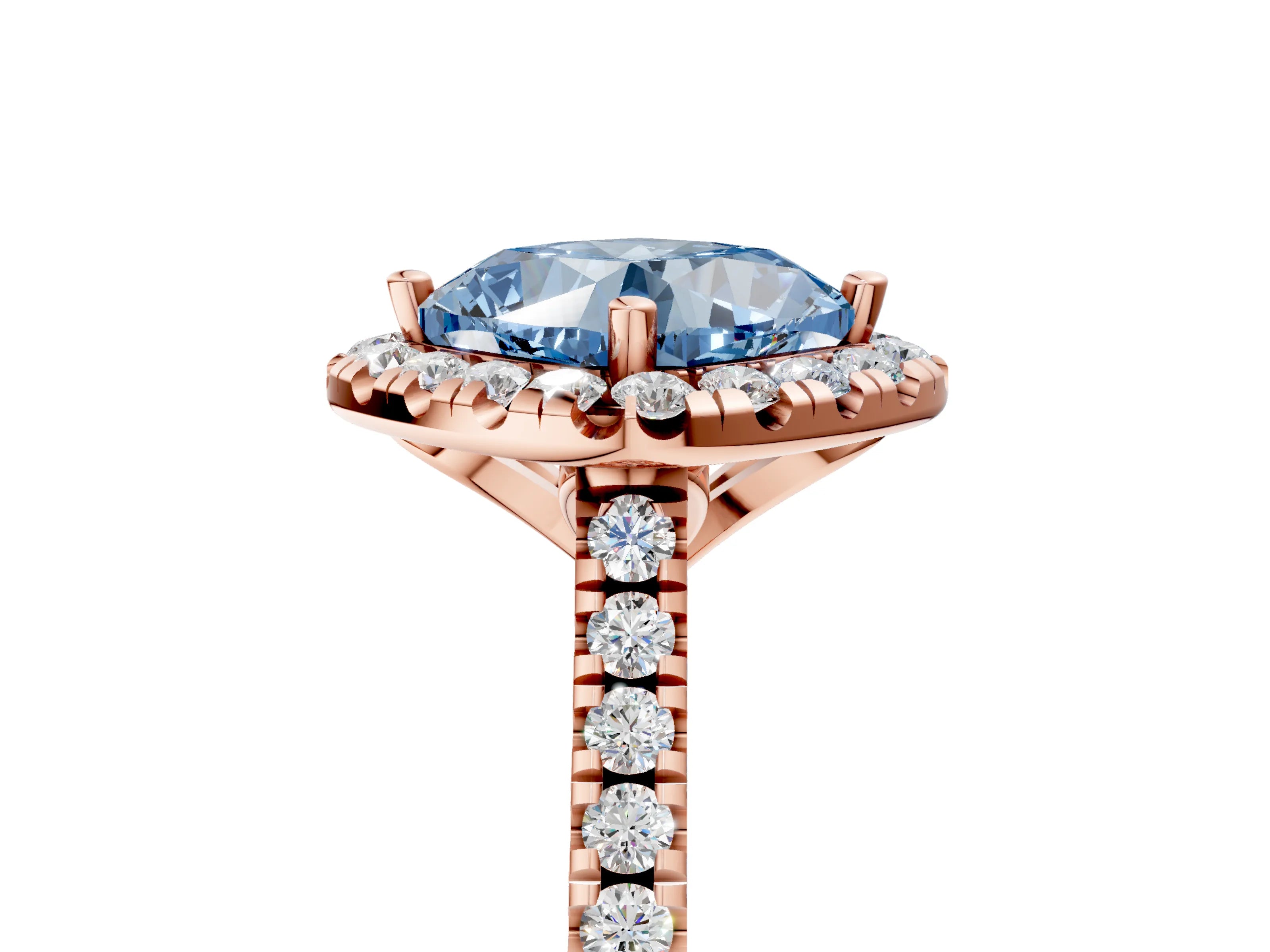 Rose gold Fancy Blue Cushion Cut Diamond Cushion Halo Ring with Pavé Band_5