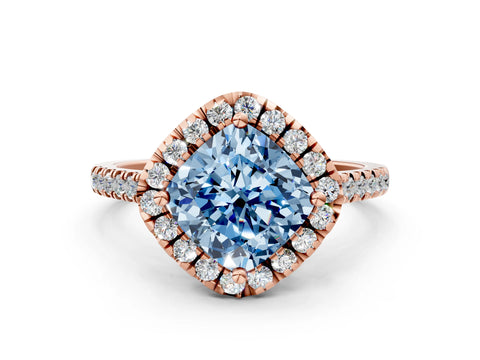 Rose gold Fancy Blue Cushion Cut Diamond Cushion Halo Ring with Pavé Band