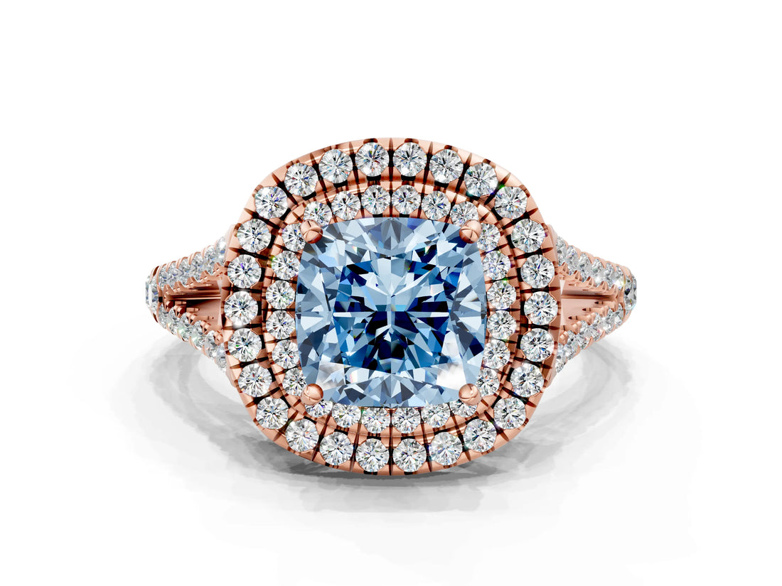 Rose gold Fancy Blue Cushion Cut Diamond Double Halo Ring with Pavé Band and Prong Setting_82