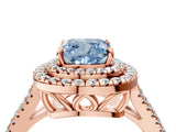 Rose gold Fancy Blue Cushion Cut Diamond Double Halo Ring with Pavé Band and Prong Setting_86
