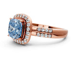 Rose gold Fancy Blue Cushion Cut Diamond Double Halo Ring with Split Shank and Four-Prong Setting