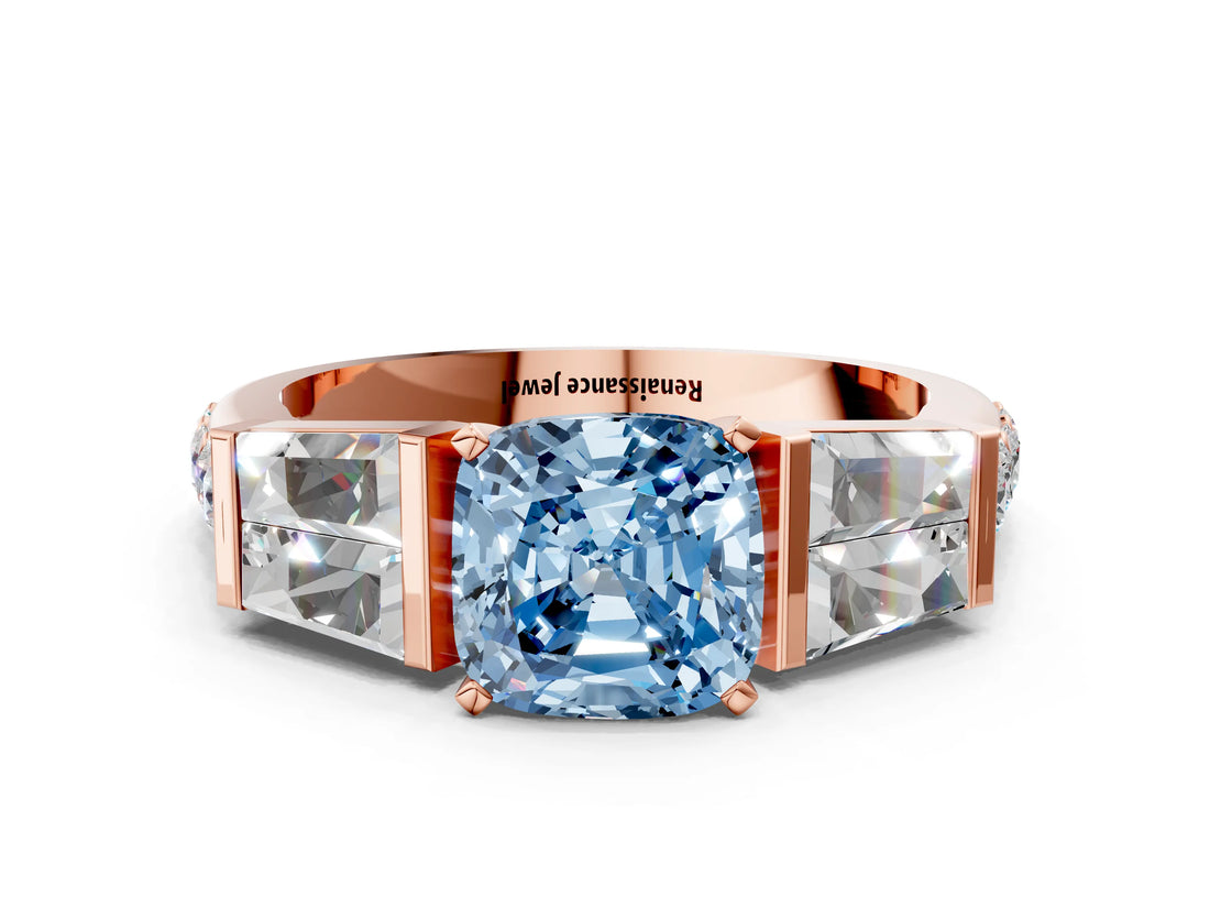 Rose gold Fancy Blue Cushion Cut Diamond Engagement Ring with Baguette Side Stones and Channel Set Band_20
