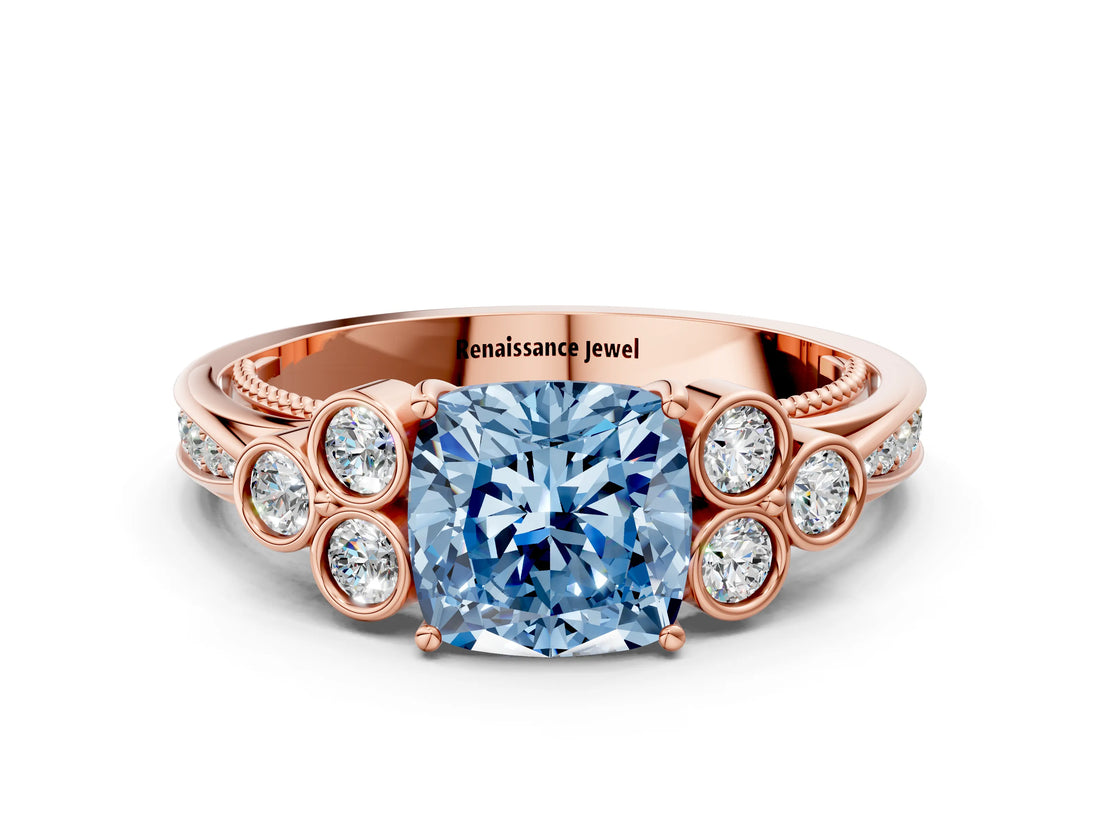 Rose gold Fancy Blue Cushion  Cut Diamond Engagement Ring with Bezel Set Round Side Stones and Prong Setting_51