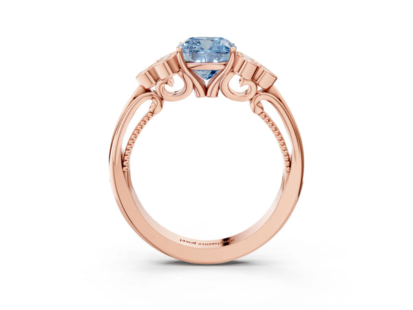 Rose Gold Cushion Cut Engagement Ring Setting for Fancy Blue Center with Bezel-Set Shoulder Clusters