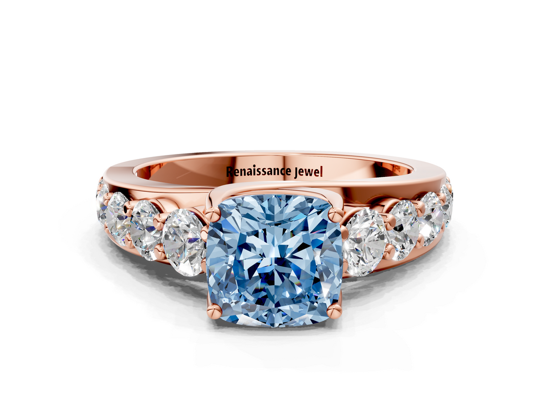 Rose gold Fancy Blue Cushion  Cut Diamond Engagement Ring with Pavé Band and Four-Prong Setting_3