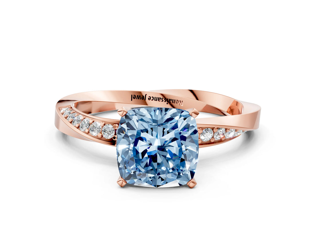 Rose gold Fancy Blue Cushion Cut Diamond Engagement Ring with Side Stone Accents and Four-Prong Setting_12