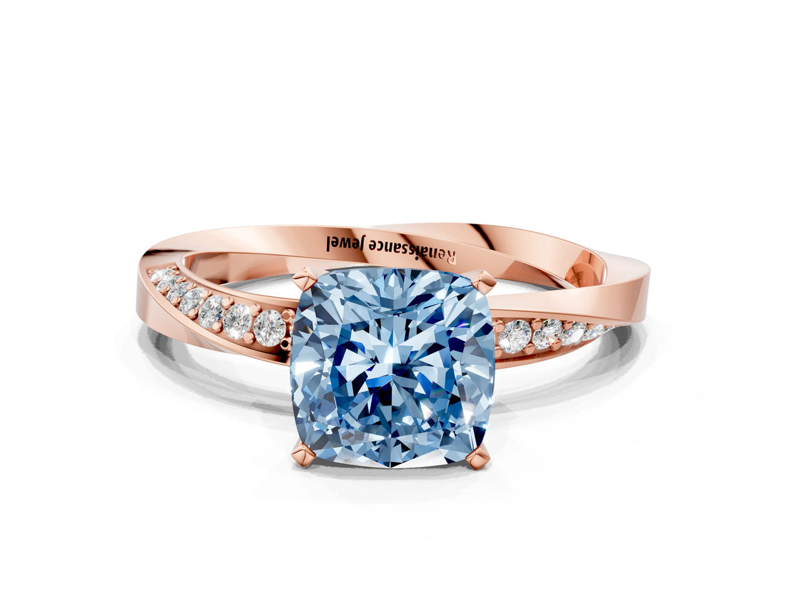 Rose gold Fancy Blue Cushion Cut Diamond Engagement Ring with Side Stone Accents and Four-Prong Setting_72