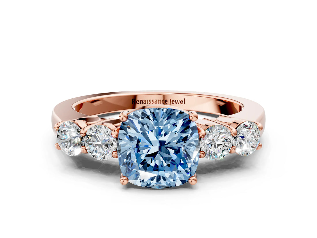 Rose gold Fancy Blue Cushion  Cut Diamond Five-Stone Prong Set White Gold Ring_31