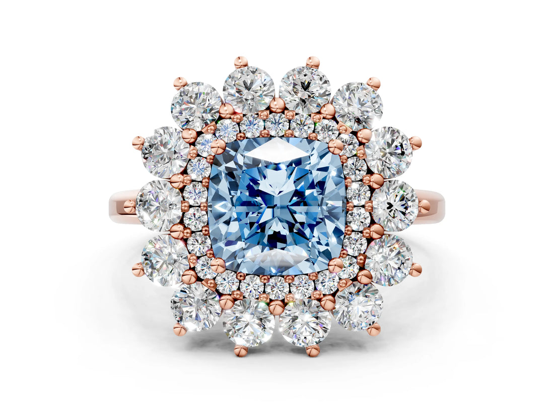 Rose gold Fancy Blue Cushion Cut Diamond Floral Double Halo Engagement Ring with Prong Setting_24