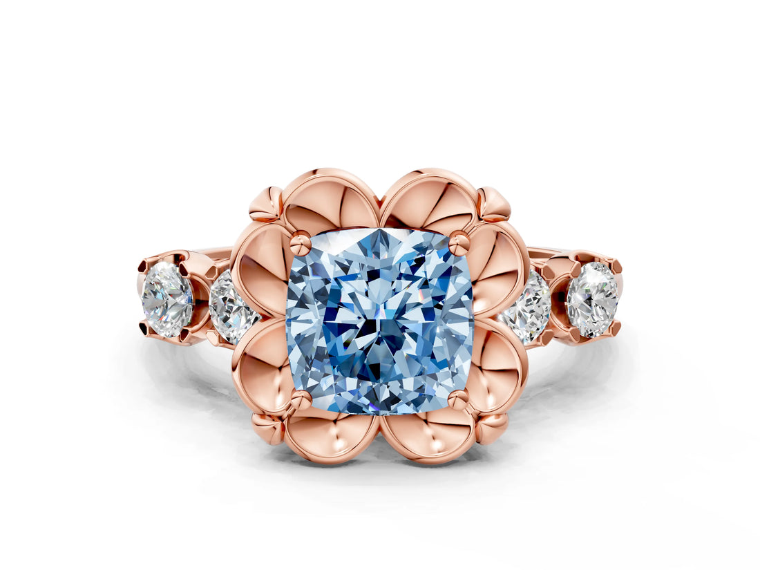 Rose gold Fancy Blue Cushion  Cut Diamond Floral Halo Engagement Ring with Shared Prong Setting 1