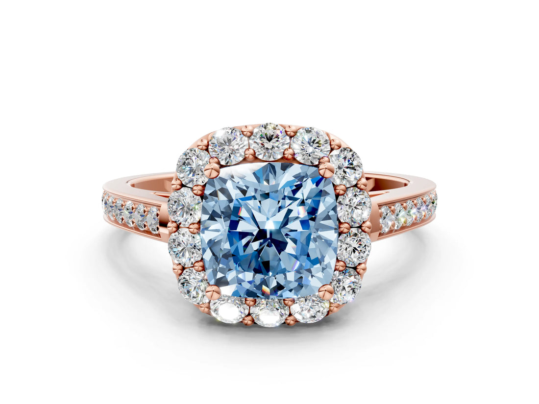 Rose gold Fancy Blue Cushion Cut Diamond Floral Halo Ring with Pavé Band and Prong Setting_3