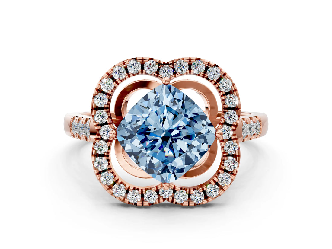 Rose gold Fancy Blue Cushion Cut Diamond Floral Halo Split Shank Prong Setting Ring