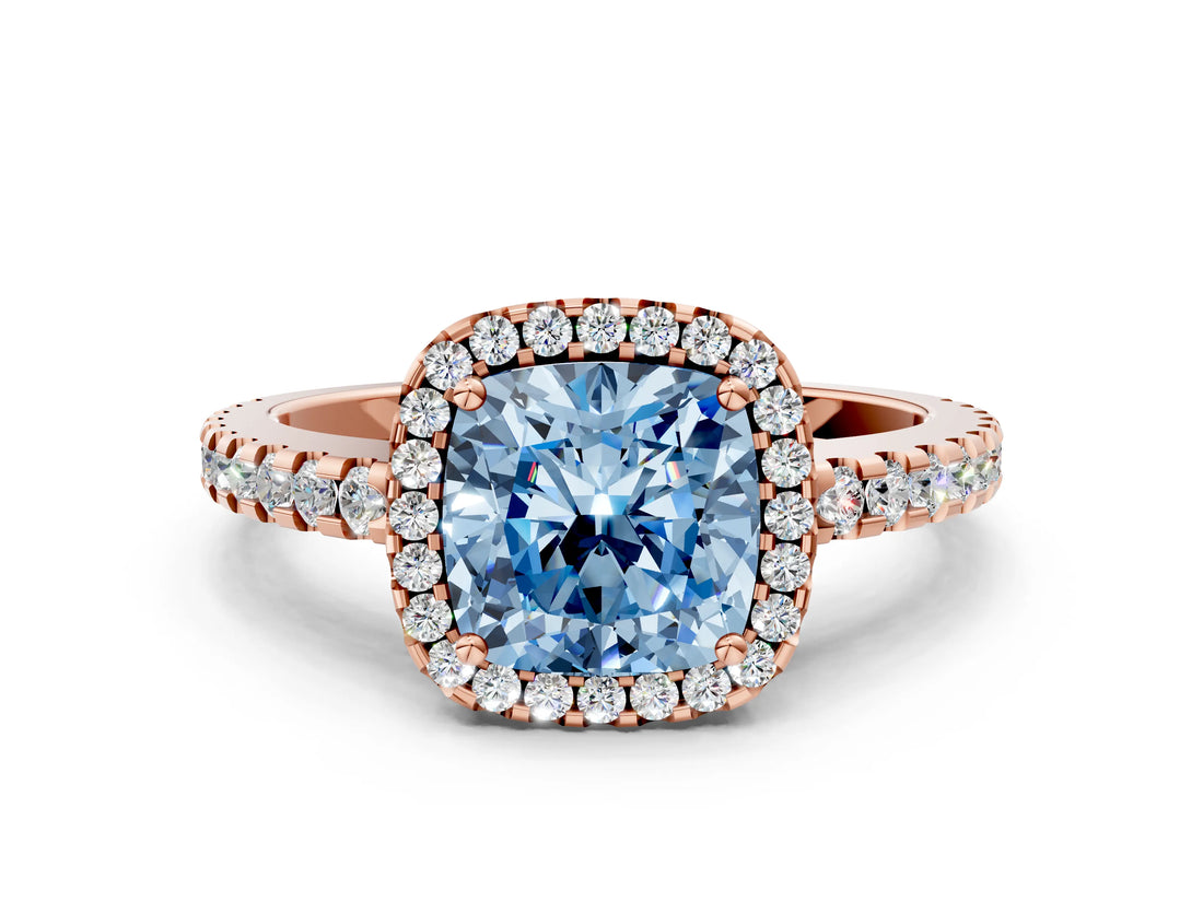 Rose gold Fancy Blue Cushion Cut Diamond Halo Engagement Ring with Pavé Band and Prong Setting_27