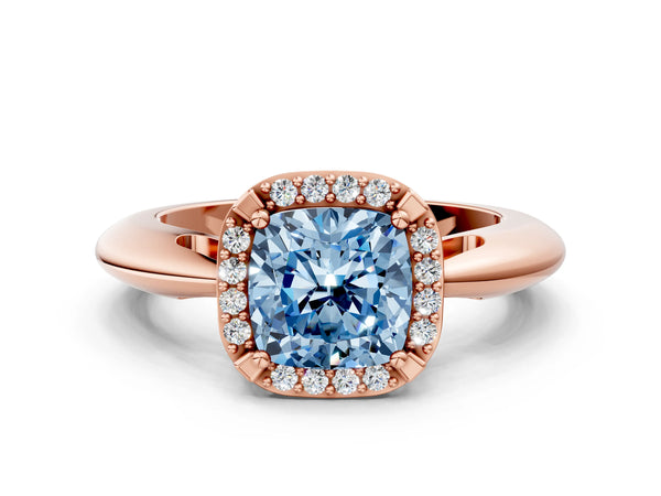 Rose gold Fancy Blue Cushion  Cut Diamond Halo Engagement Ring with Split Shank and Four-Prong Setting