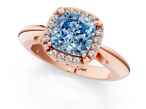 Rose gold Fancy Blue Cushion  Cut Diamond Halo Engagement Ring with Split Shank and Four-Prong Setting