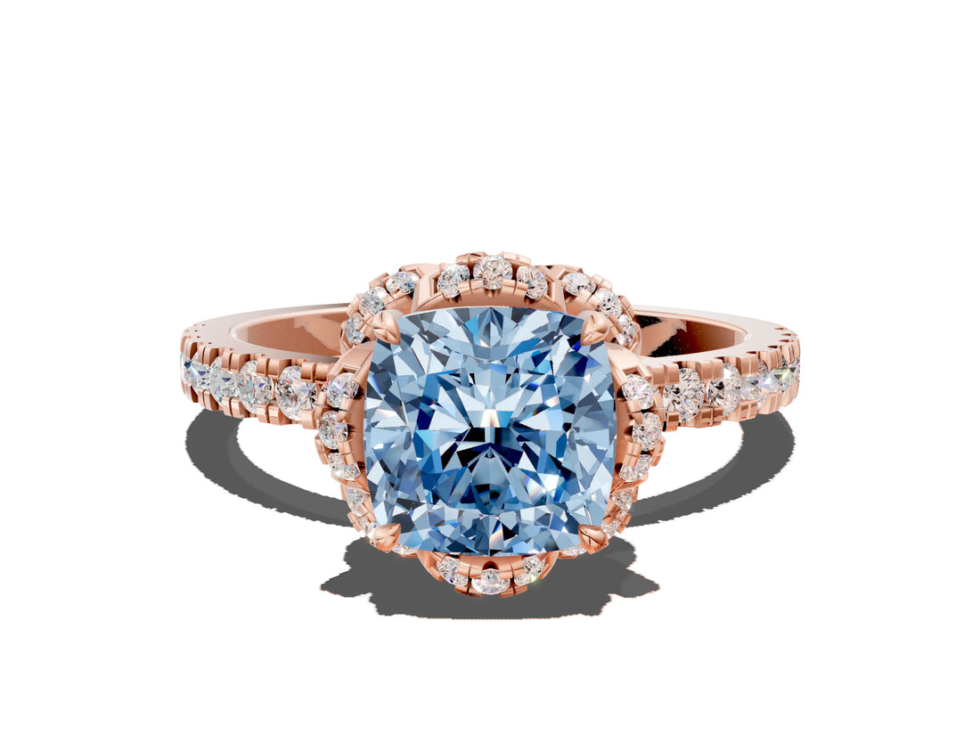 Rose gold Fancy Blue Cushion Cut Diamond Halo Pave Band with Four-Prong Setting_3