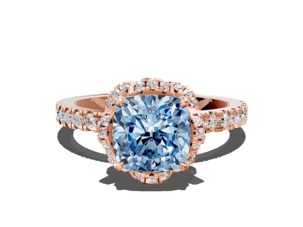 Rose gold Fancy Blue Cushion Cut Diamond Halo Pave Band with Four-Prong Setting