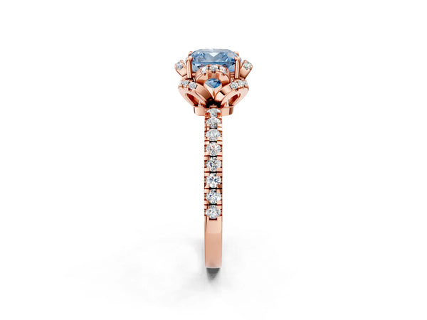 Rose gold Fancy Blue Cushion Cut Diamond Halo Pave Band with Four-Prong Setting