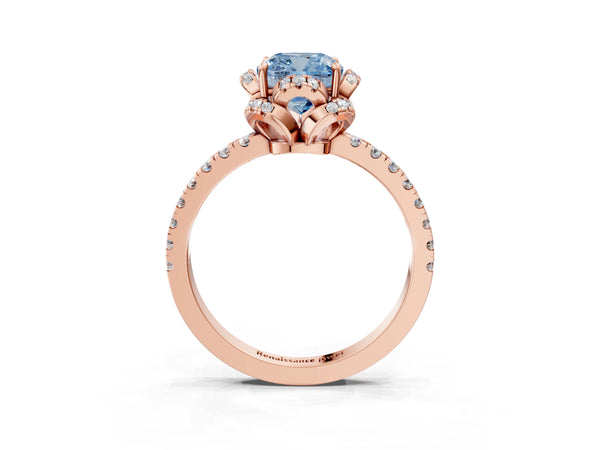 Rose gold Fancy Blue Cushion Cut Diamond Halo Pave Band with Four-Prong Setting