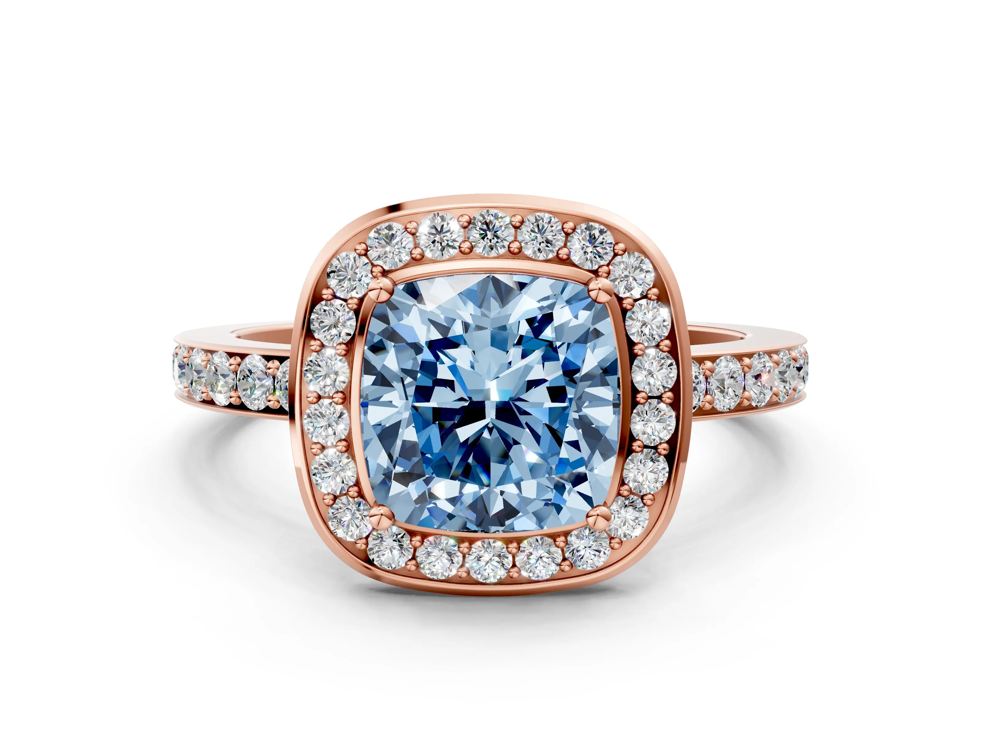 Rose gold Fancy Blue Cushion Cut Diamond Halo Ring with Bezel Frame and Pavé Band