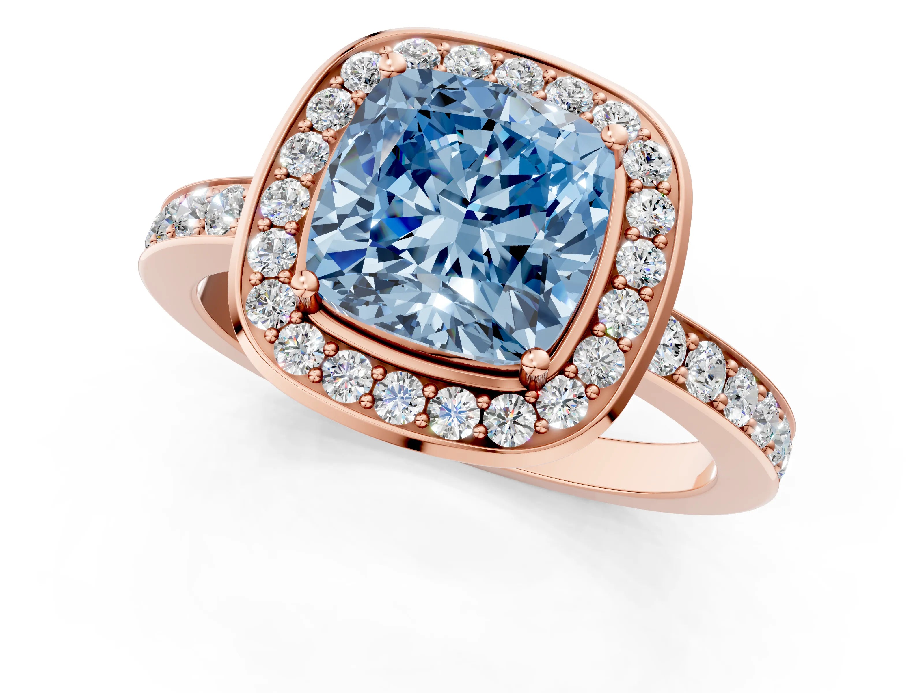 Rose gold Fancy Blue Cushion Cut Diamond Halo Ring with Bezel Frame and Pavé Band_1