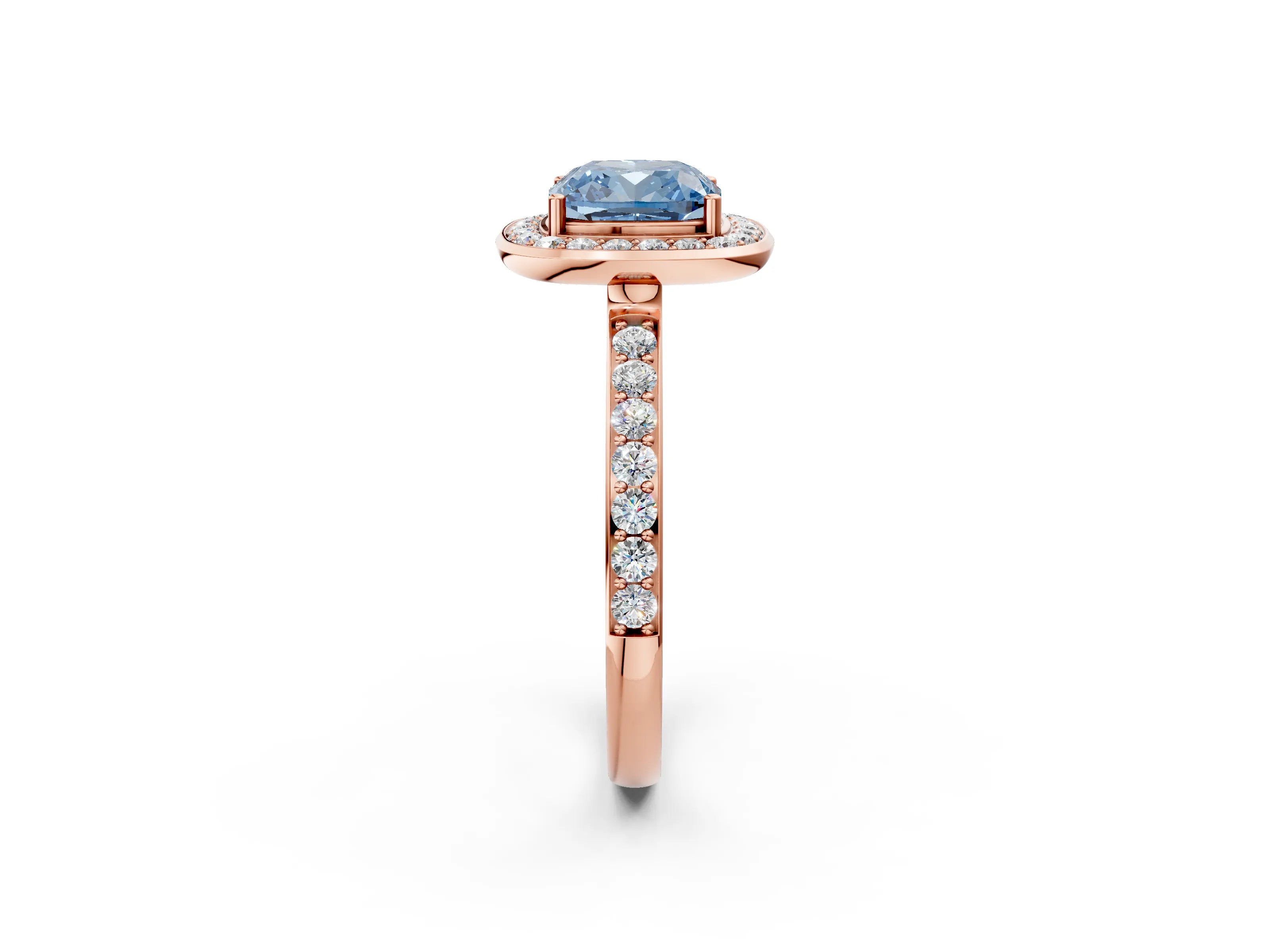 Rose gold Fancy Blue Cushion Cut Diamond Halo Ring with Bezel Frame and Pavé Band_2