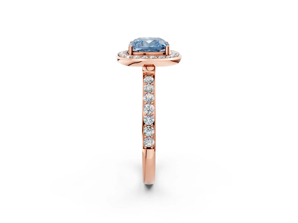 Rose gold Fancy Blue Cushion Cut Diamond Halo Ring with Bezel Frame and Pavé Band