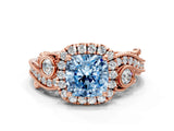 Rose gold Fancy Blue Cushion Cut Diamond Halo Ring with Milgrain Pavé Band and Four-Prong Setting_53