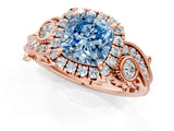 Rose gold Fancy Blue Cushion Cut Diamond Halo Ring with Milgrain Pavé Band and Four-Prong Setting_54